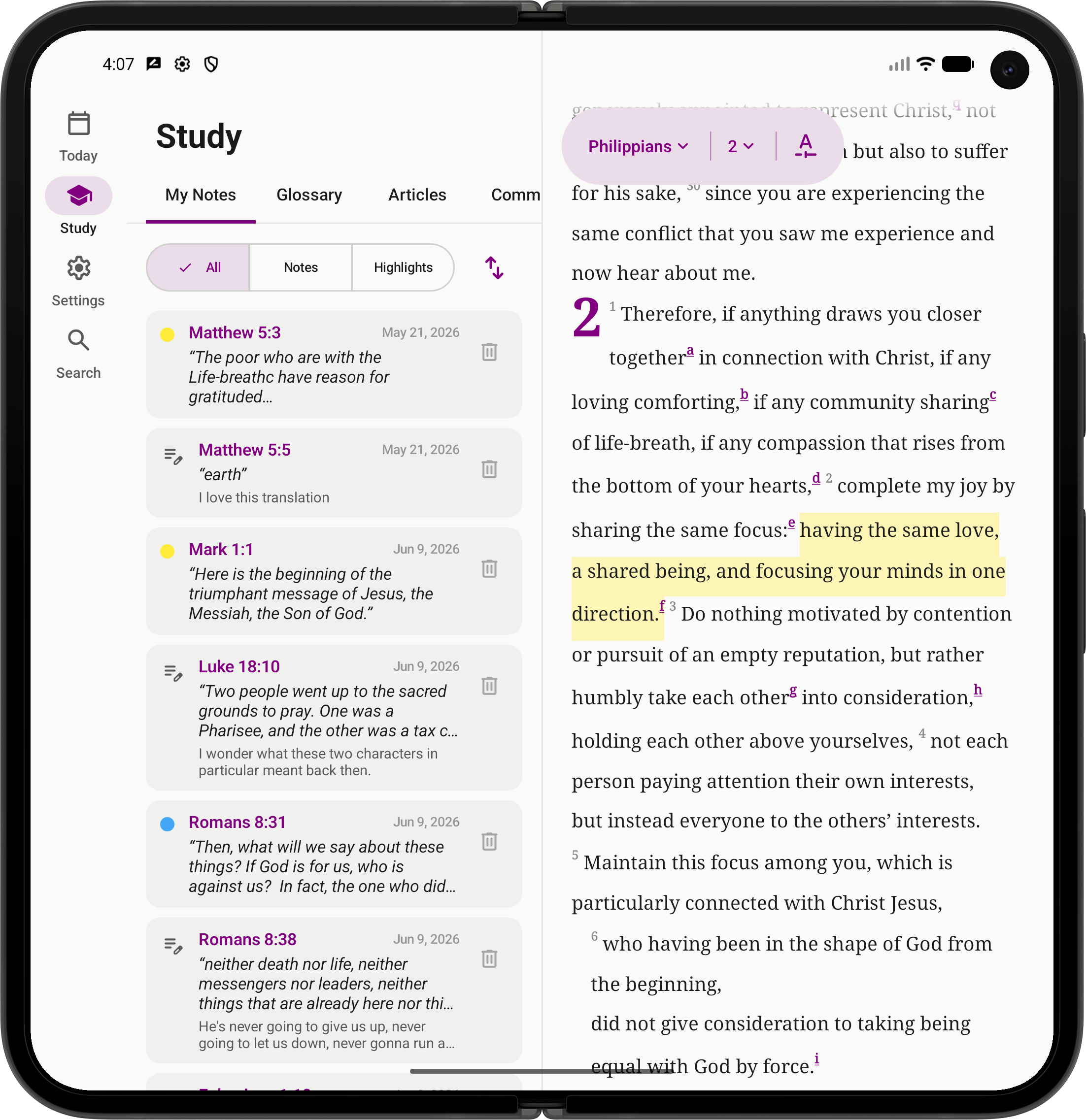 LIT Bible on an unfolded Pixel 9 Fold — a notes and highlights panel beside Philippians 2, in Lent purple